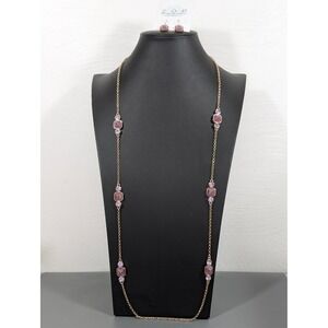 Zoe Accessories Purple Gold Tone Necklace & Earring Set New 40" Long